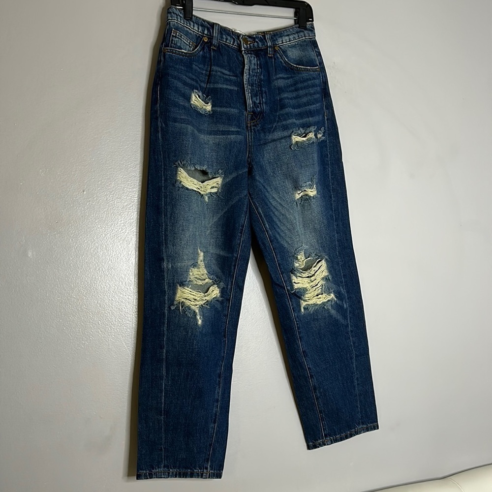 Free people/SANDRINE ROSE HIGH RISE WIDE LEG DISTRESSED BACK BUCKLE JEANs 28